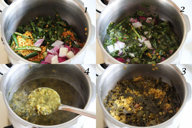 Collage of 4 images showing dal, gongura leaves, onionm chili in pressure cooker, cooked and mashsed.