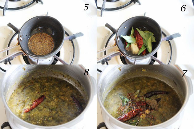 Collage of 4 images showing tempering is made and added to mashed dal.