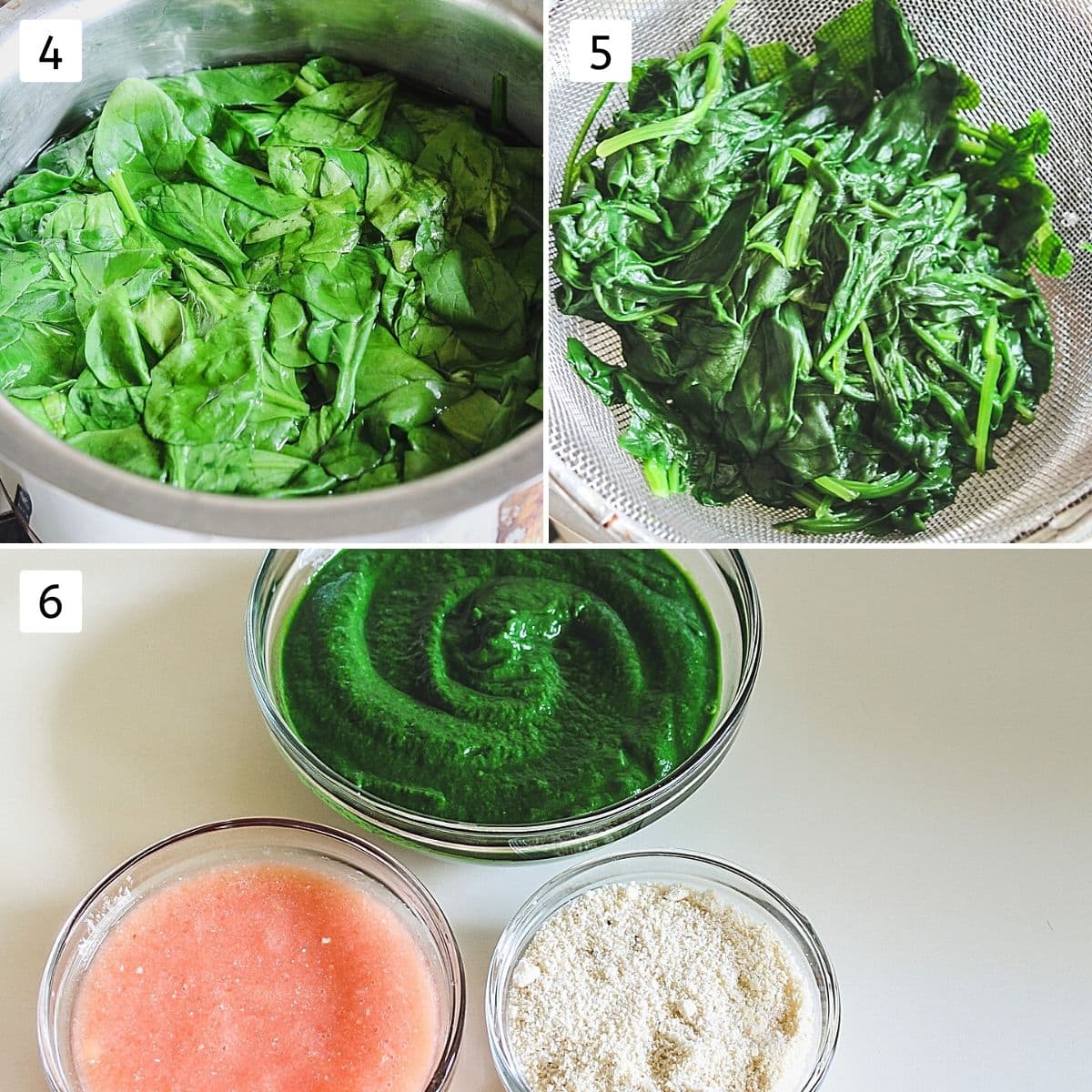 Collage of 3 images showing blanching spinach, pureed spinach, tomato puree and cashew powder in bowls.