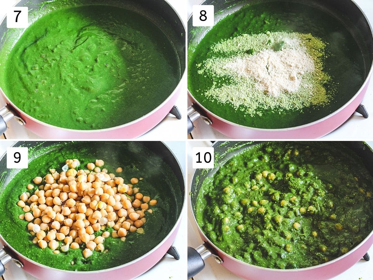 Collage of 4 images showing cooking spinach gravy, adding cashew powder, chickpeas and mixed.