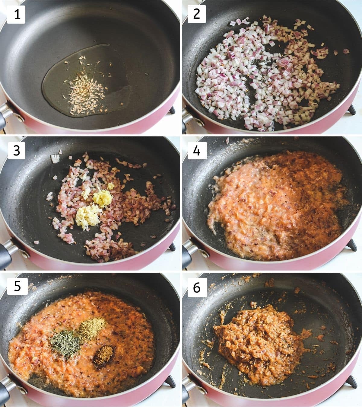 Collage of 6 images showing tempering cumin seeds, cooking onion, tomato and spices.