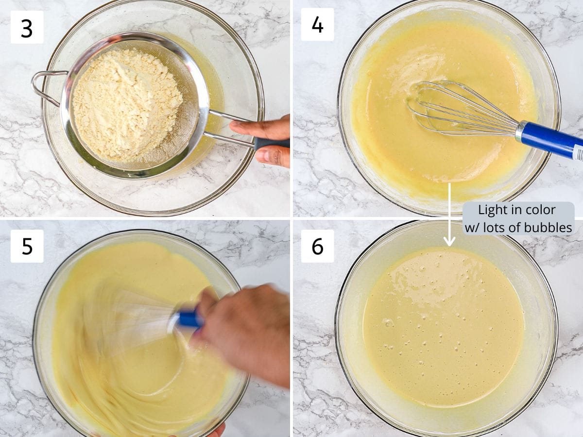 Collage of 4 images showing adding, mixing batter and beating the batter.