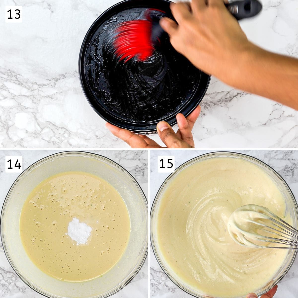 Collage of 3 images showing greasing pan and adding baking soda and mixing.