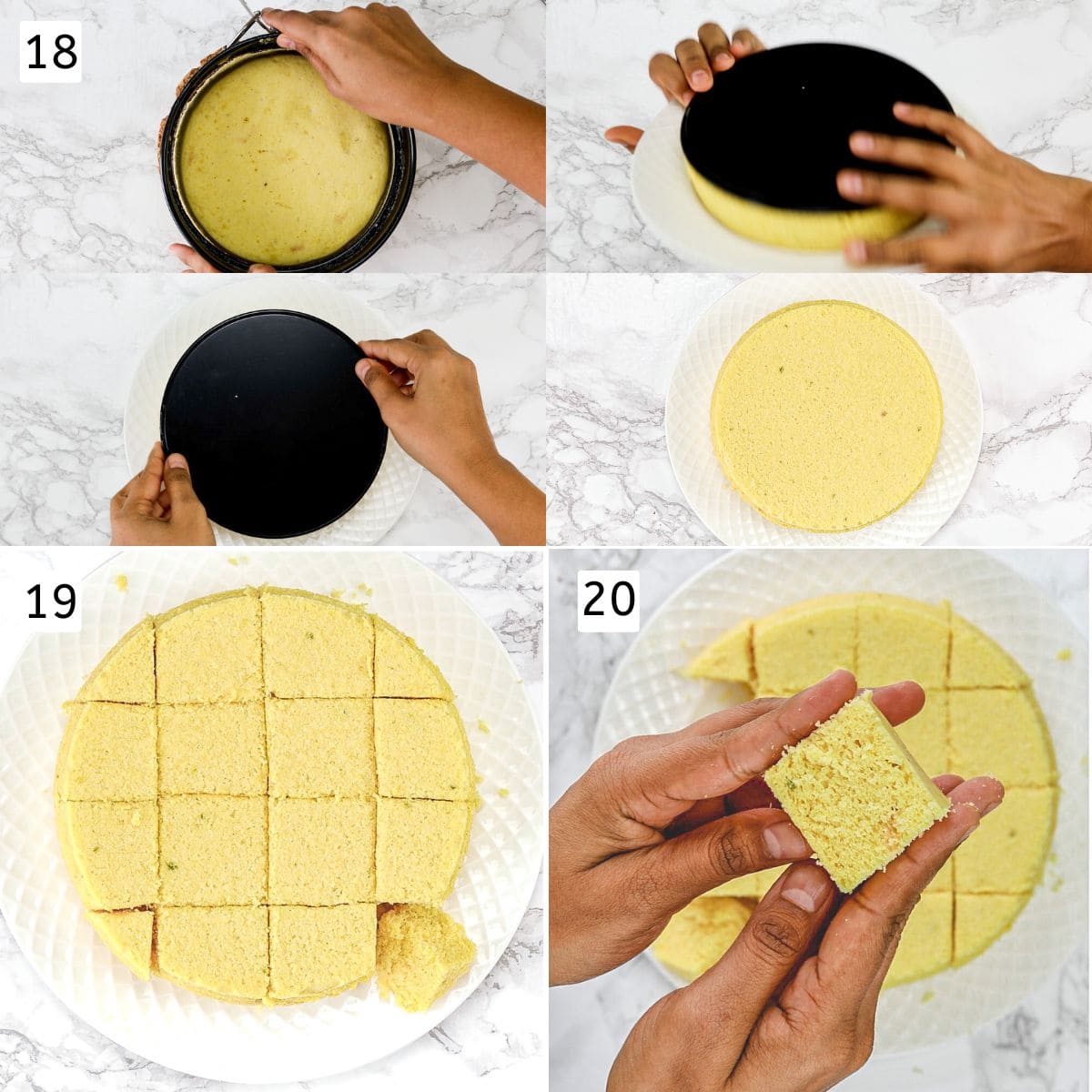 Collage of 4 images showing removing khaman in a plate and cutting into squares.