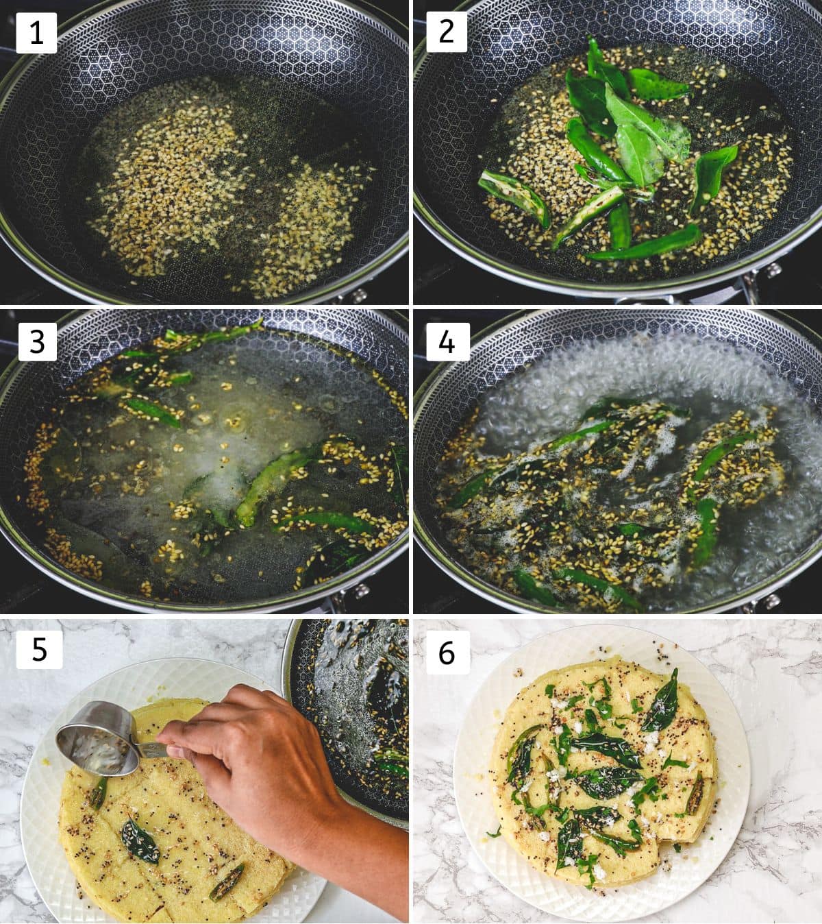 Collage of 6 images showing making tempering, poruing over khaman dhokla.