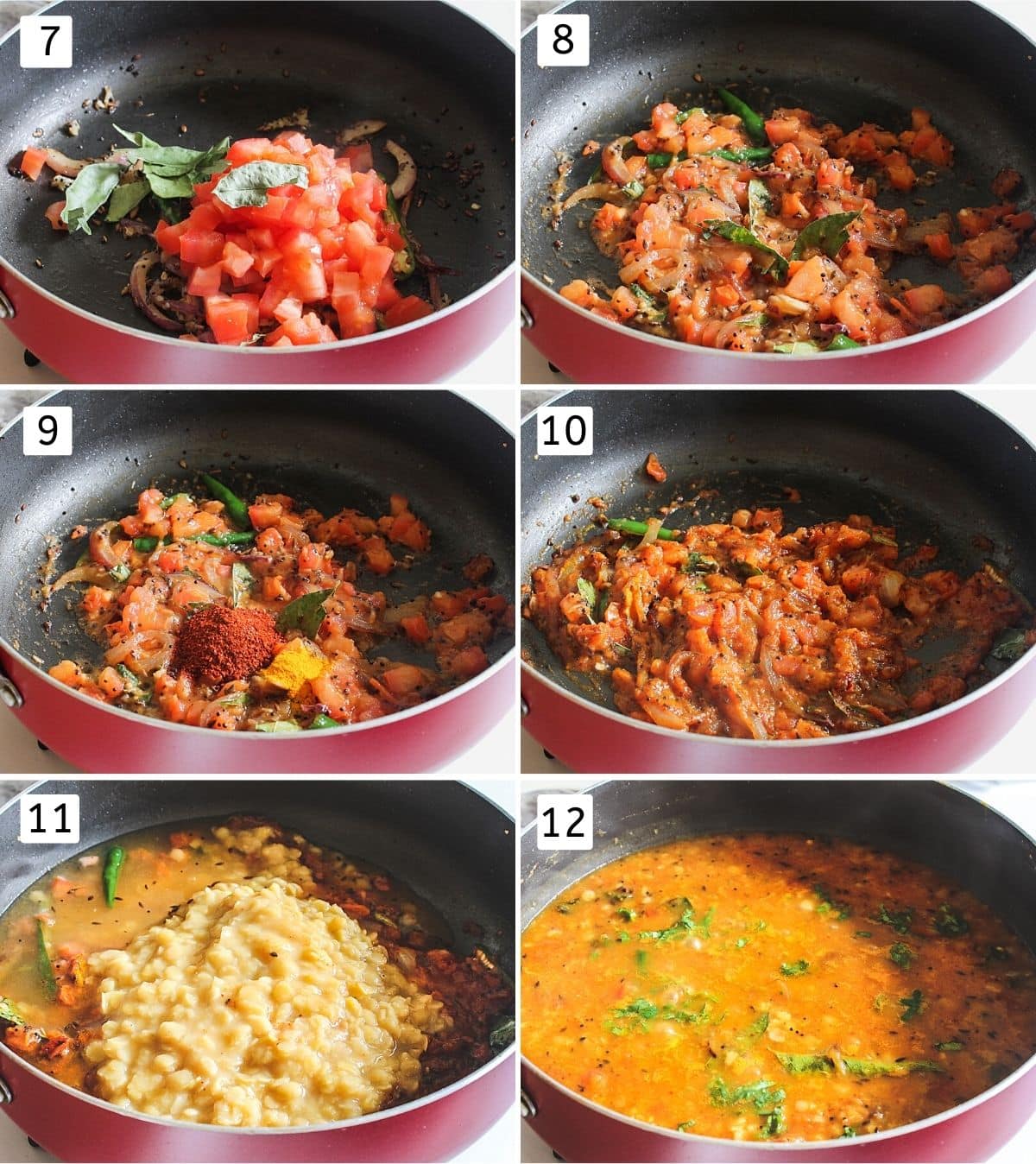 Collage of 6 images showing adding and cooking tomatoes, adding spices, dal and mixed.