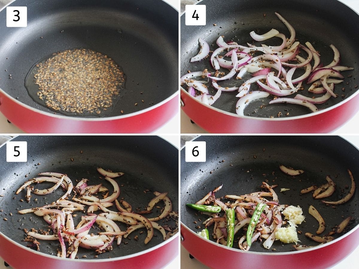 Collage of 4 images showing making tempering, cooking onion, ginger and garlic.