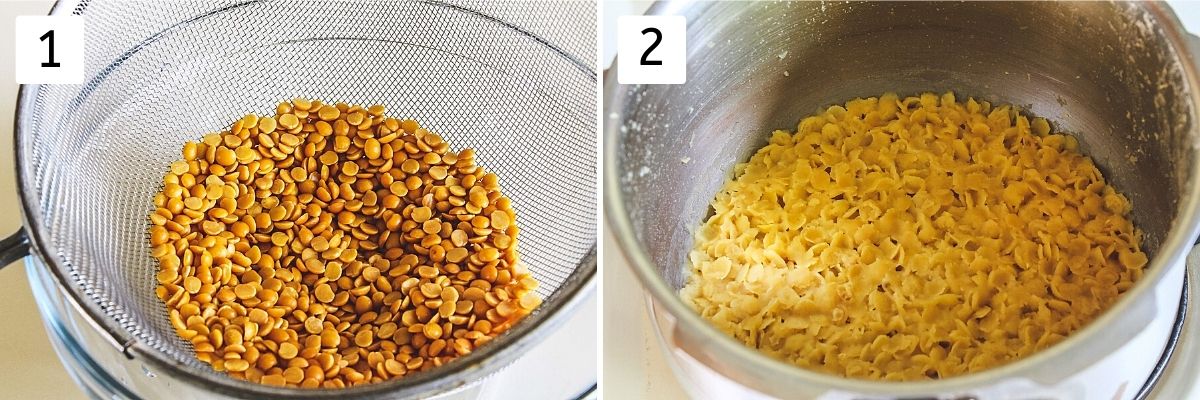 Collage of 2 images showing toor dal in a colander and cooked dal in a cooker.