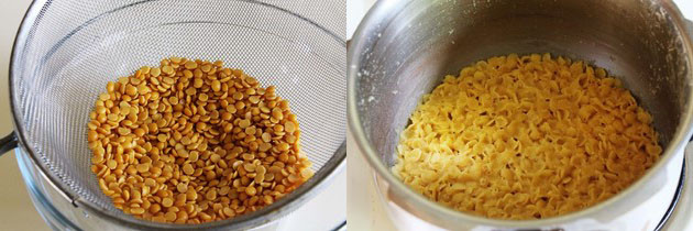 Collage of 2 images showing toor dal in a colander and cooked dal in a pressure cooker.