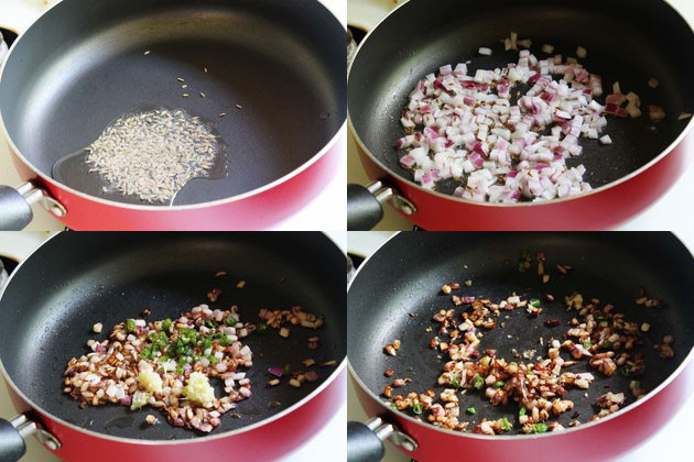 collage of tempering cumin seeds and cooking onions
