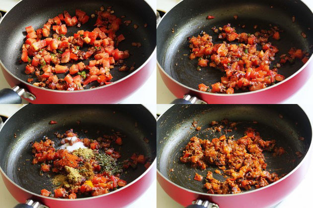 collage of cooking tomatoes with spice powders