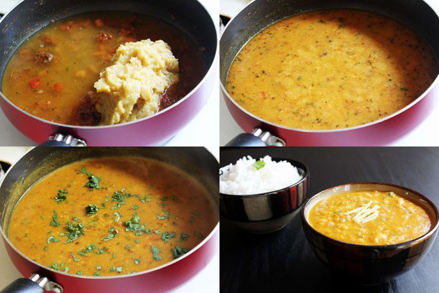 collage of adding and simmering the boiled dal