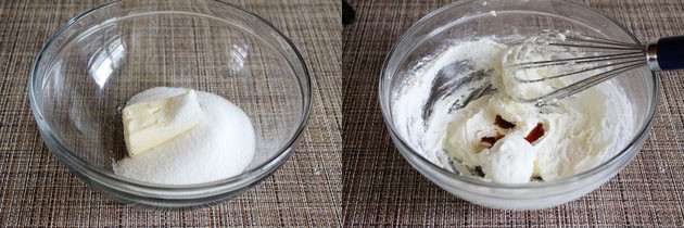 Collage of 2 images showing butter sugar in a bowl and adding vanilla, yogurt in beaten mixture.