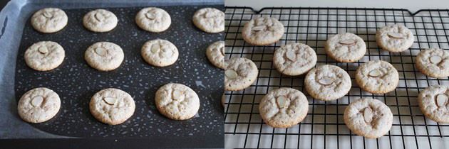 Collage of 2 images showing baked cookies and on cooling rack.