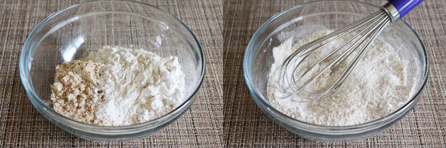 Collage of 2 images showing dry ingredients in a bowl and whisked.