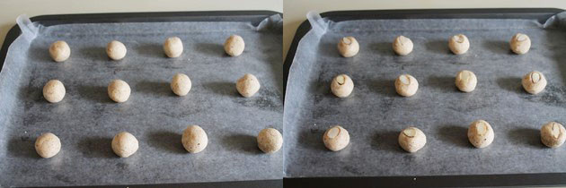 Collage of 2 images showing cookie balls on a tray and topped with sliced almond.