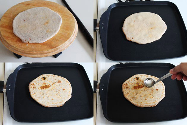 Collage of 4 images showing rolled mooli paratha and cooking paratha.