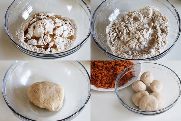 Collage of 4 images showing kneading the dough and dividing into small balls.