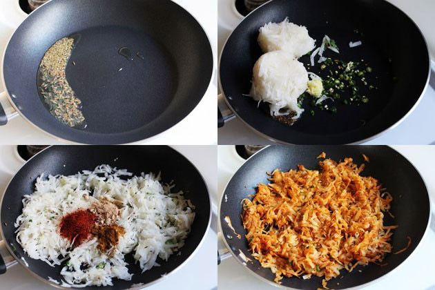 Collage of 4 images showing tempering of cumin and ajwain and cooking mooli with spices.