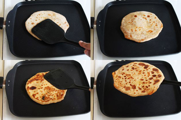 Collage of 4 images showing cooking other side of paratha using spatula.