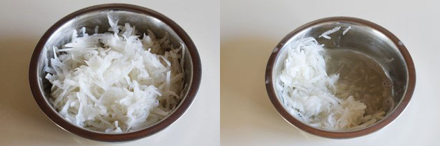 Collage of 2 images showing grated mooli and water is squeezed.