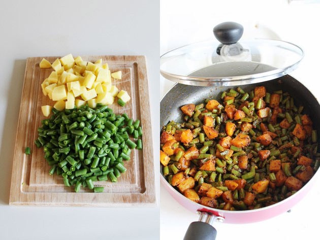 Aloo and beans in the cutting board and cooked sabzi in a pan.
