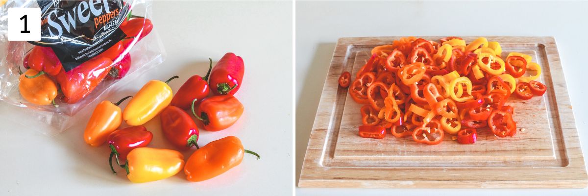 Mini sweet peppers and sliced on a chopping board.
