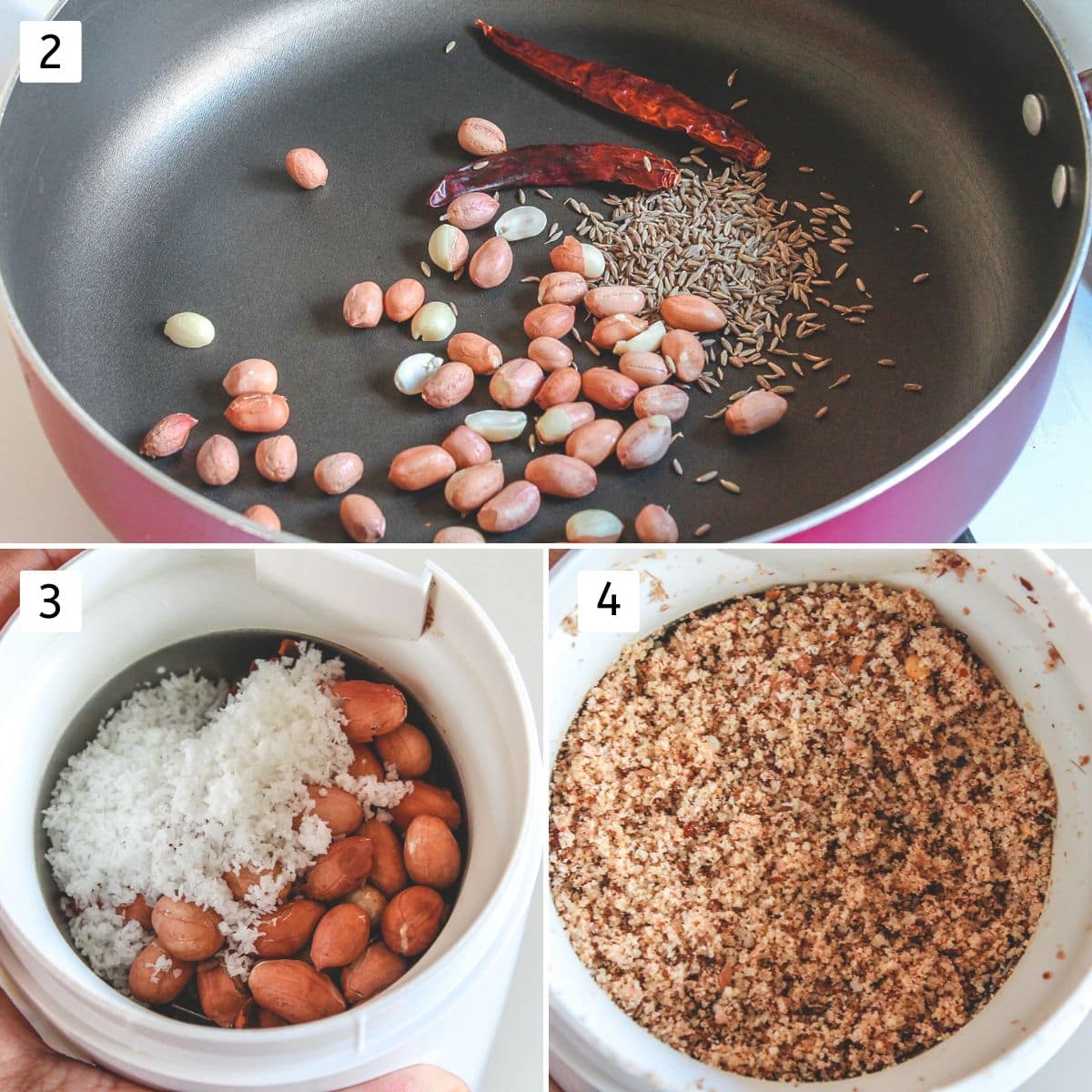 Collage of 3 images showing dry roasting peanuts, chili and ground into powder with coconut.