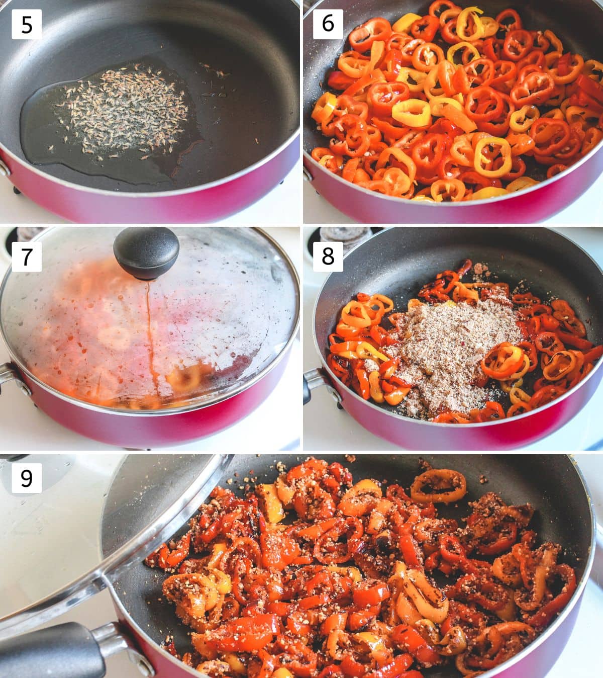 Collage of 5 images showing tempering spices, cooking peppers and mixing with prepared powder.