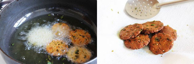 Collage of 2 images showing frying vada and fried bajri vada on a plate.
