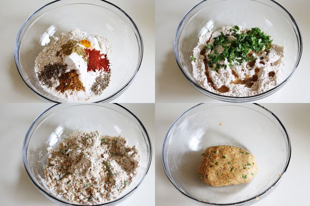 Collage of 4 images showing flour and spices in a bowl, adding oil and kneading into a dough.