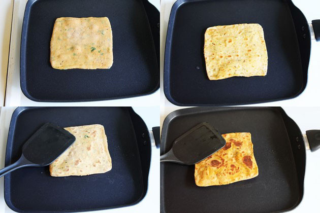 Collage of 4 images showing cooking paratha on tawa using oil and spatula.