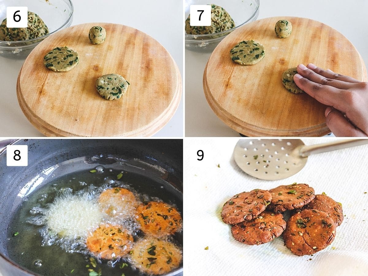 Collage of 4 images showing shaping and frying bajri vada.