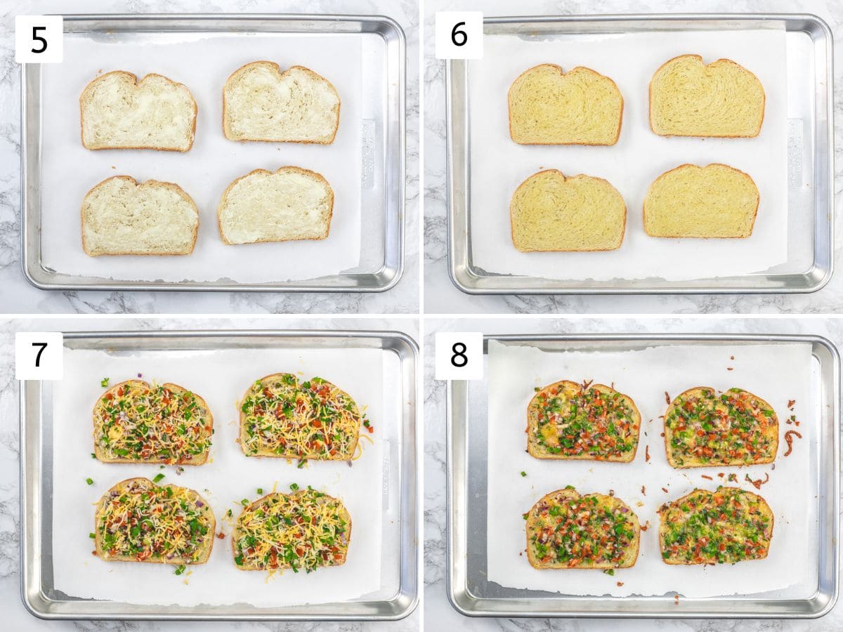 Collage of 4 images showing spreading butter on bread slices, toasting, spreading topping mixture and baked.