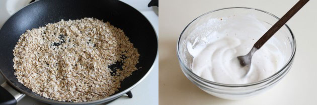 Collage of 2 images showing roasting oats and whisked yogurt.