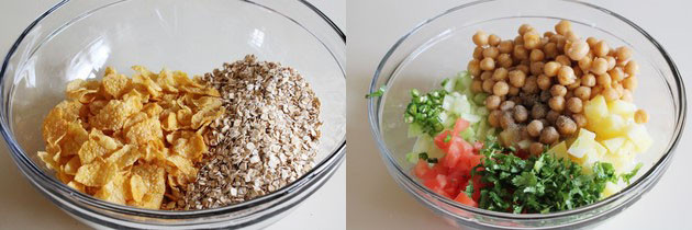 Collage of 2 images showing oats and cornflakes in a bowl and adding veggies and chickpeas.
