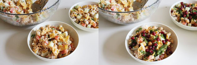 Collage of 2 images showing Plating 2 plates and drizzle of two chutneys and pomegranate seeds.