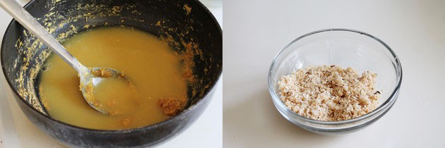 Collage of 2 images showing puran made kadai and powder of roasted stuff.