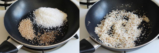Collage of 2 images showing sesame seeds, coconut and cumin seeds in a pan and dry roasting them.