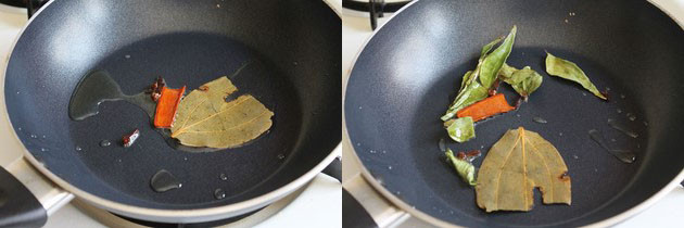 Collage of 2 images showing tempering whole spices in the oil and adding curry leaves.