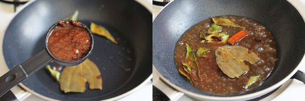 Collage of 2 images showing adding tamarind paste and cooking.