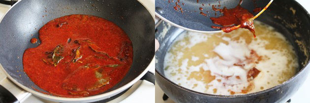 Collage of 2 images showing adding red chili powder and adding tempering to amti.