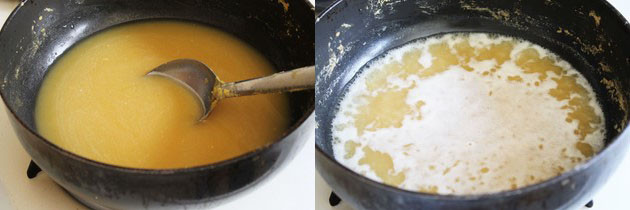 Collage of 2 images showing adding and simmering water.