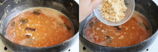 Collage of 2 images showing tadka is mixed and adding prepared powder.