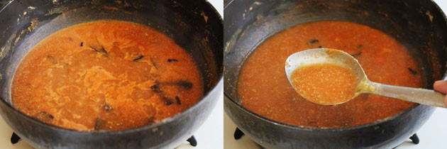 Collage of 2 images showing simmering amti and showing the texture using spoon.