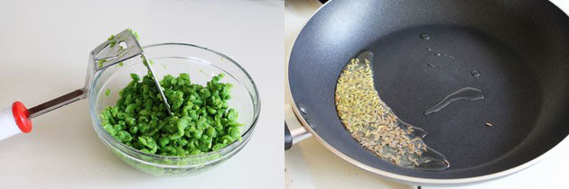 Collage of 2 images showing mashed green peas and tempering of cumin and fennel seeds.