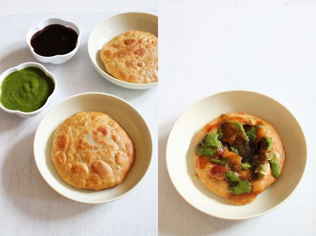 Matar Kachori in two plates with chutney and one plate of kachori chaat.