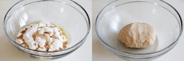 Collage of 2 images showing flour and oil in a bowl and ready dough.