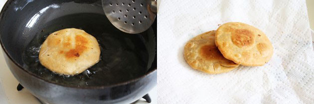 Collage of 2 images showing fried kachori and removed in a plate.