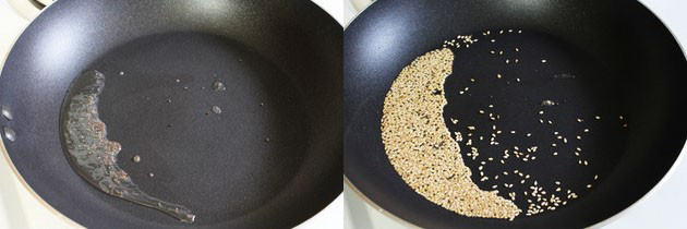Collage of 2 images showing tempering of mustard and sesame seeds.